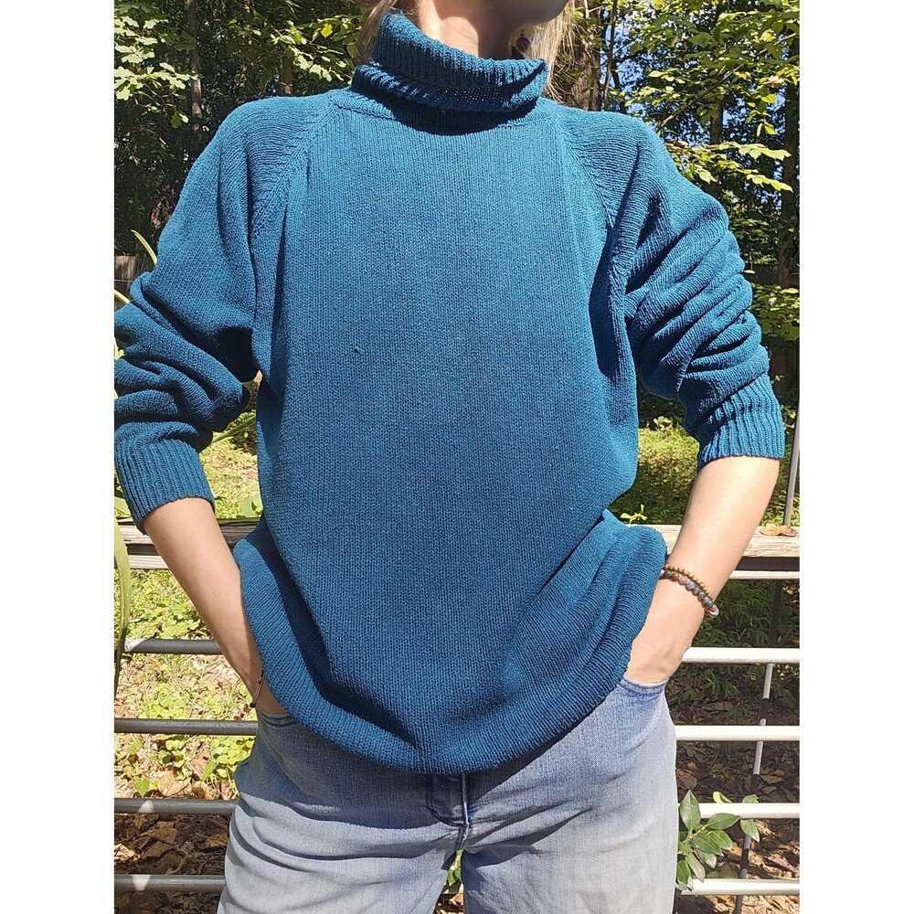 Vintage 100% Silk Turtleneck Sweater - Teal Raglan Knit Pullover M